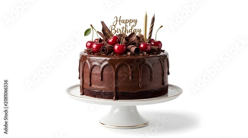 Delicious chocolate birthday cake with cherries and candle