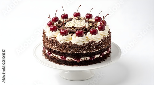 Delicious chocolate birthday cake with fresh red cherries