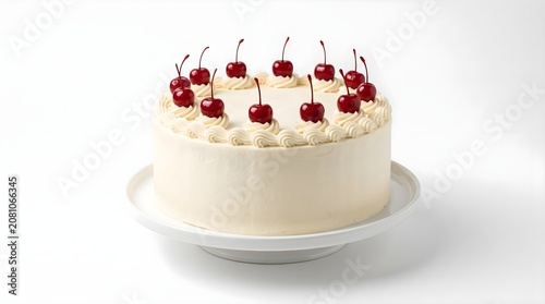 Round white cream cake topped with fresh red cherries