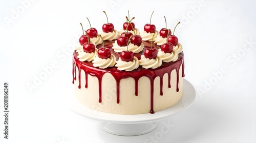 Delicious chocolate drip cake with fresh red cherries
