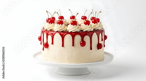 Delicious chocolate drip cake topped with fresh red cherries