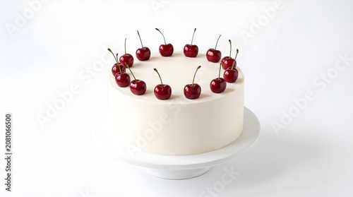 Round white cake decorated with fresh red cherries on top