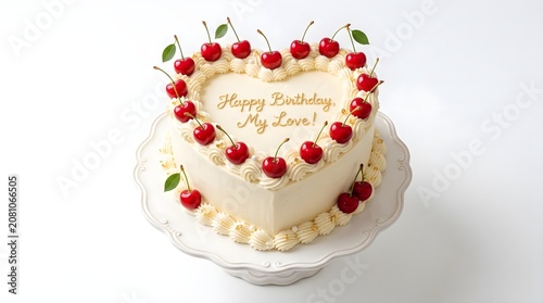 Heart shaped cake decorated with fresh red cherries