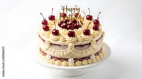 Delicious layered birthday cake with fresh red cherries