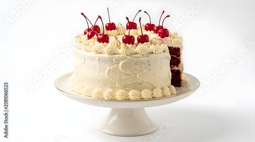 Delicious red velvet cake topped with fresh red cherries