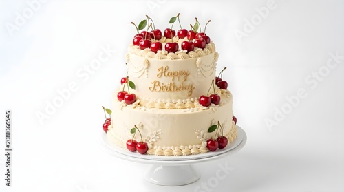 Two tier birthday cake with fresh red cherries on top