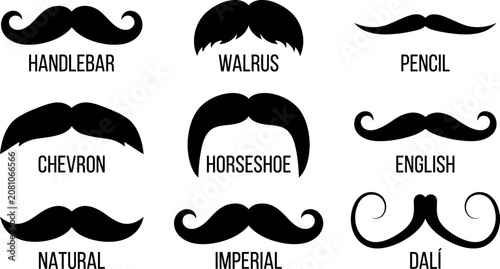 Cuadro en lienzo Variety of mustache styles collection black and white vector illustration