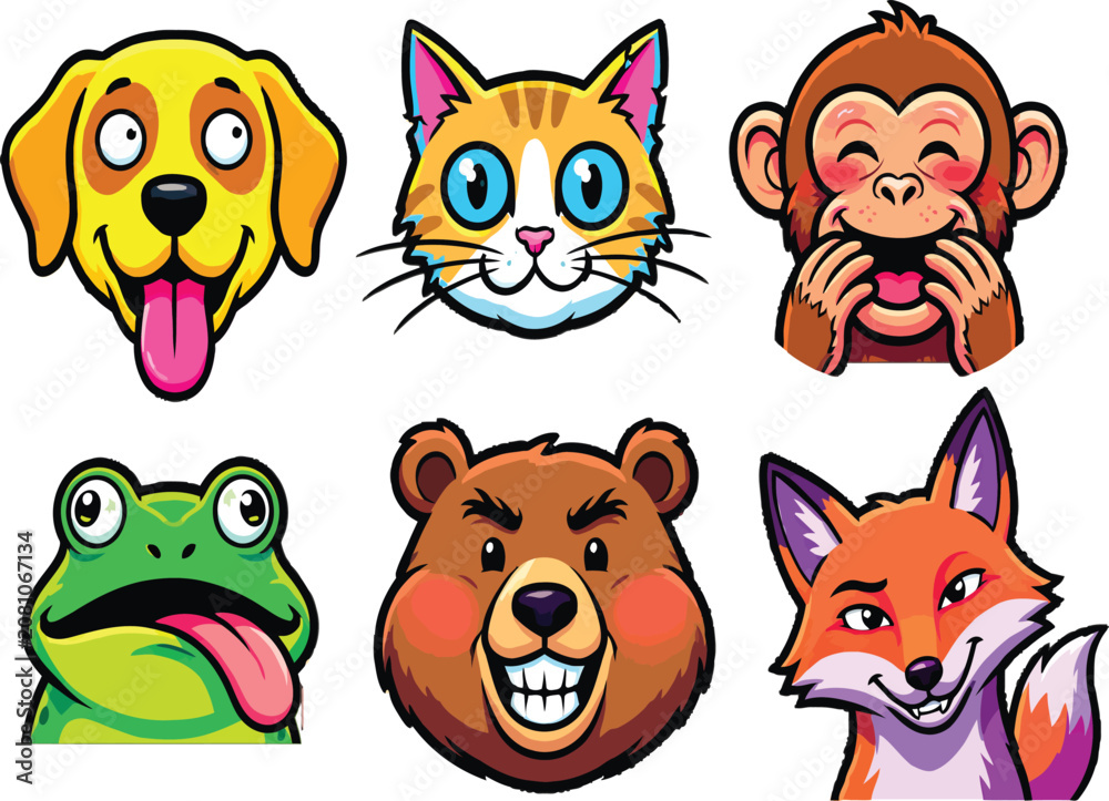Fototapeta premium Cute Cartoon Animal Faces Collection - Funny Dog, Cat, Monkey, Frog, Bear, Fox Emoji Vector Illustration Set