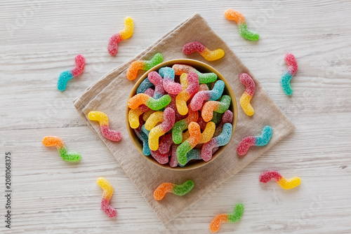 Sugary Sour Gummy Worms in a Bowl, top view.