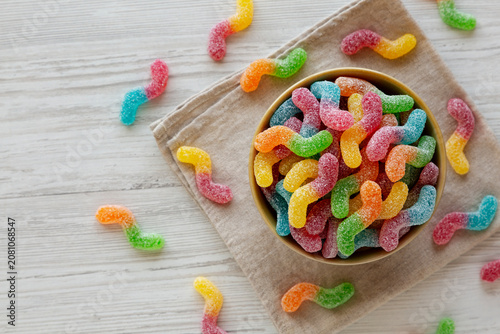 Sugary Sour Gummy Worms in a Bowl, top view.