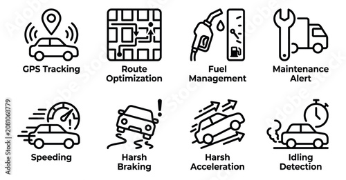 Tableau sur toile Set of fleet management and vehicle tracking icons showing car diagnostics, fuel use and driving habits Minimal icon set bundle collection