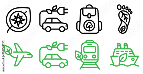 Set of eco friendly travel and sustainability line icons featuring electric cars trains and green nature Minimal icon set bundle collection. Editable Vector Illustration Mega pack