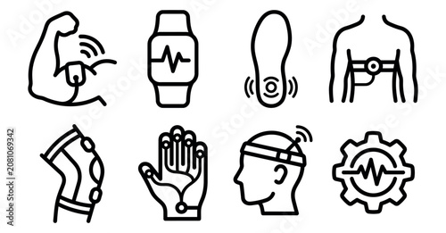 Set of black line icons representing wearable fitness technology and health tracking sensors for sports Minimal icon set bundle collection. Editable Vector Illustration Mega pack