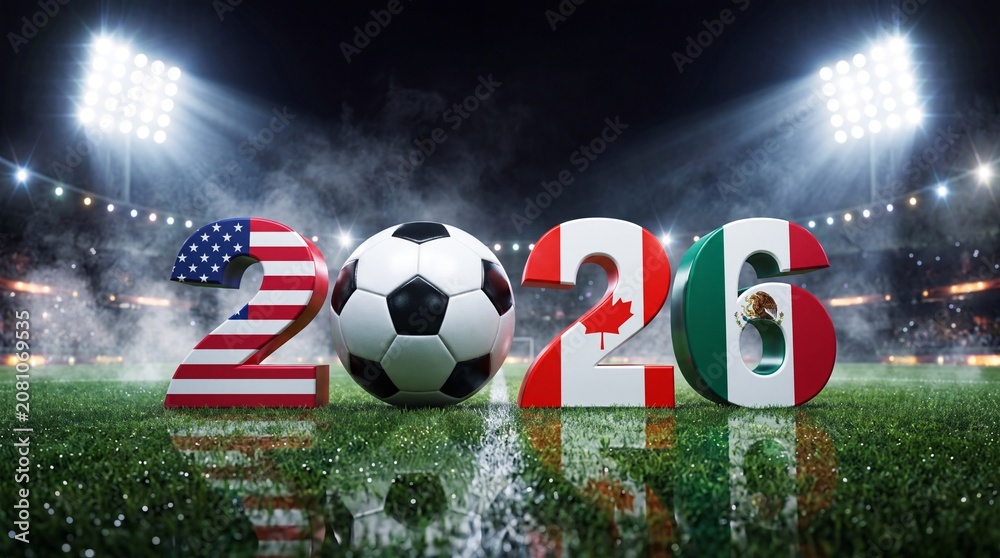 Naklejka premium A 3D render of the year 2026 with USA, Canada, and Mexico flag textures and a soccer ball on a stadium pitch, celebrating the international football tournament.