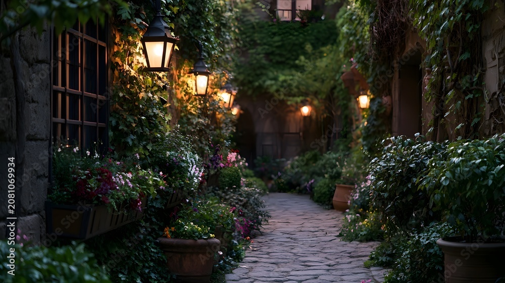 Fototapeta premium A quiet street scene featuring flower boxes warm lanterns and lush greenery adorning aged stone walls