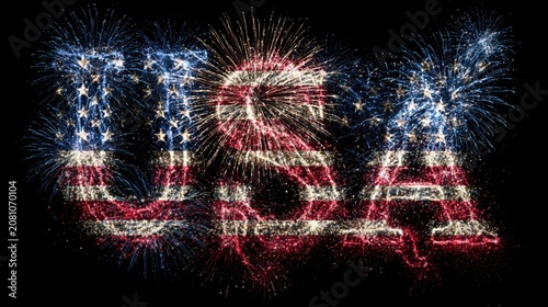 Usa text formed by patriotic fireworks display against a dark night sky with fireworks, celebration