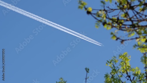 Four engine airplane leaving contrail above tree branches
