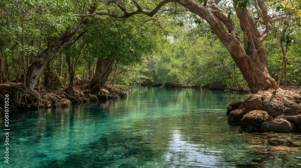 Fototapeta premium Tranquil River Surrounded by Lush Greenery and Majestic Trees in a Serene Natural Setting with Crystal Clear Waters in Bright Daylight