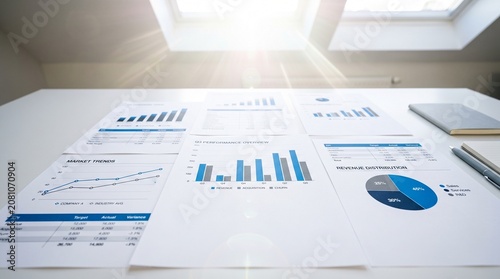 Many charts and graphs. Reflection light and flare. Concept image of data gathering and statistical working.
