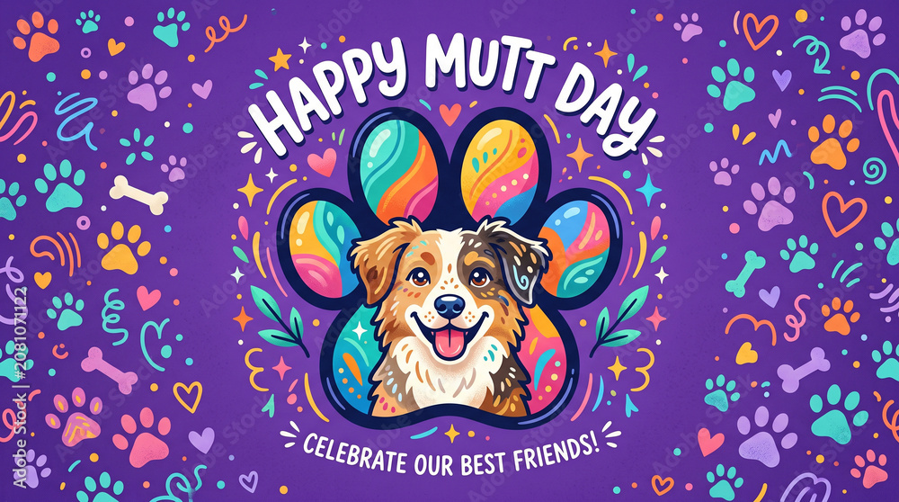Naklejka premium Happy Mutt Day illustration with smiling mixed-breed dog in colorful paw print on purple background