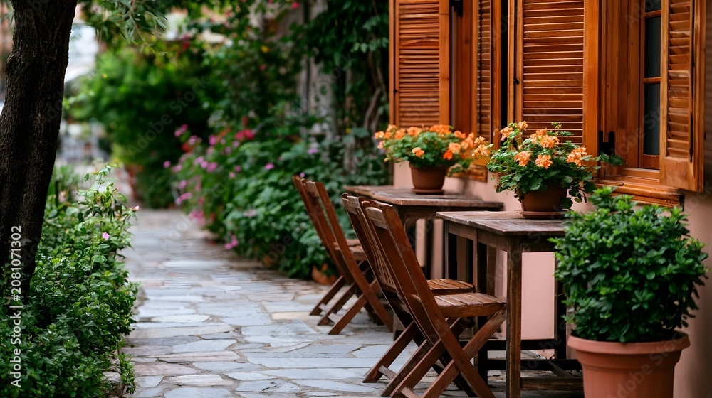 Fototapeta premium A charming European village street scene featuring quaint cafe tables nestled among colorful potted flowers and rustic wooden shutters