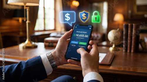 A man in a sharp suit holds a sleek smartphone displaying a banking app with glowing neon financial icons for secure mobile money transfer and management.