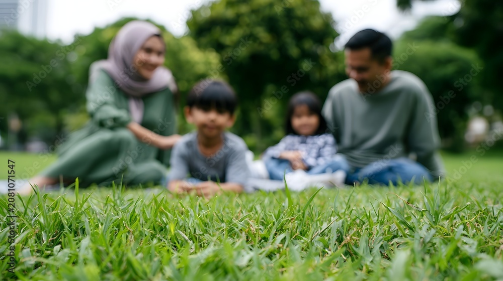 Fototapeta premium A group of people enjoys a joyful picnic gathering on lush green grass capturing a moment of wholesome outdoor family bonding
