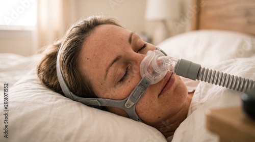 Woman sleeping peacefully with CPAP mask for sleep apnea treatment in a comfortable bedroom setting