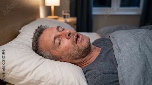 Middle aged man sleeping soundly with mouth open on a pillow in a bedroom at night