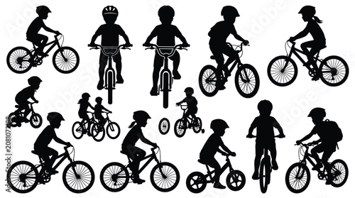 Black vector illustration set featuring various children riding bicycles in many different dynamic action poses