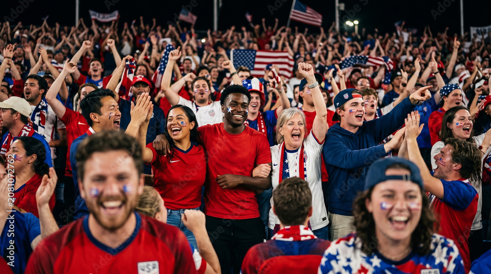 Fototapeta premium Diverse American football fans celebrating with flags in crowded stadium at night