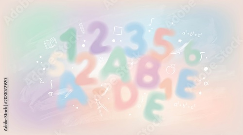 Colorful numbers and letters on soft pastel background. Education concept with mathematical symbols and alphabet for school. Learning background for children classroom creative design.