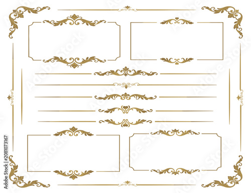 Collection of ornate golden vintage decorative borders and frames in baroque style