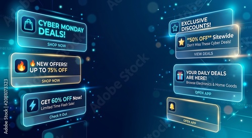 Digital interface displaying Cyber Monday promotional banners and sales notifications. Interactive shopping panels with discount offers. Virtual reality e-commerce concept for online retail.