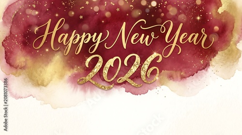 Happy New Year 2026 greeting text with gold glitter lettering. Festive background with burgundy watercolor splash and bokeh light. Celebration design for holiday card and banner.