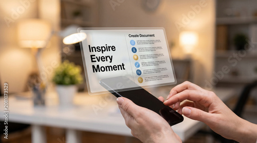 A person holds a sleek black smartphone displaying a holographic interface with the inspiring text overlay showing create document options in a warm lit room setting.