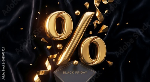 Gold percentage sign floating over black fabric with ribbons and geometric shapes. Black Friday sale announcement. Luxury shopping holiday commercial banner with premium golden sign.