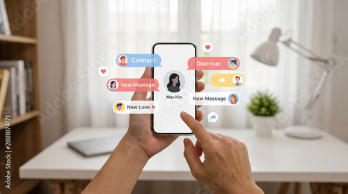 A person holds a modern smartphone displaying vibrant social media interface icons with floating chat bubbles and profile pictures for digital networking and online community communication.