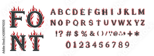 Fotografie Alphabet font set with blazing fire flame effect on white background for signage