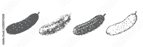 Fotografie Four cucumber icons with halftone pixel patterns and digital noise on background