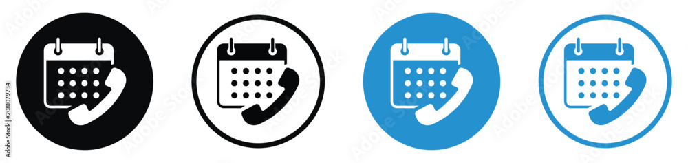 Fototapeta premium Telephone and calendar icons in flat black and blue styles. Perfect for booking appointments, scheduling calls, and event planning.