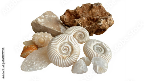 Foto Group of decorative sea shells and corals isolated on a transparent background