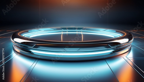 minimalist futuristic chrome platform with curved luminous edge reflection