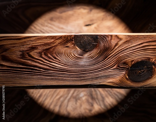 detailed texture of natural wood grain on a single elongated brown plank showing organic patterns and knots against a dark circular shadow background