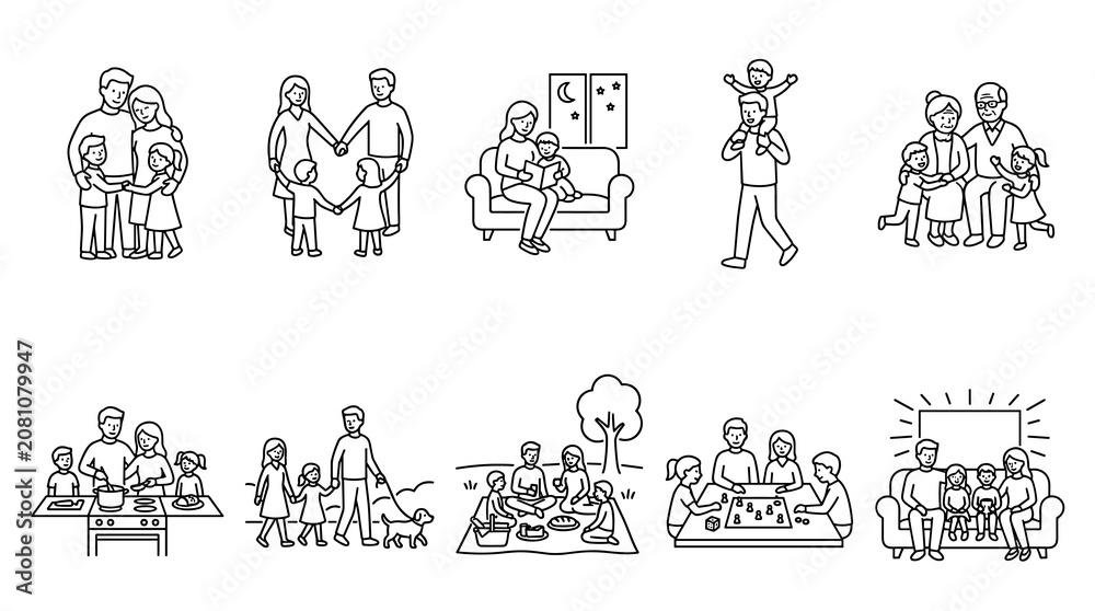 Fototapeta premium Vintage Black & White Family Life Illustrations – Happy Family Moments Sketch Style Art