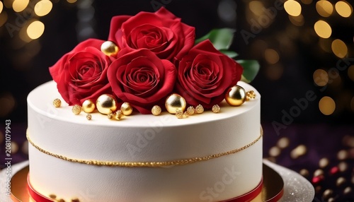 elegant white cake adorned with delicate red rose frosting and shimmering gold pearls