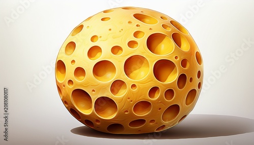 cheese moon a spherical food resembling swiss cheese with holes isolated on white background