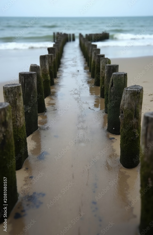 Fototapeta premium Weathered wooden posts form a path into the sea. Sand beach with water reflections. Cloudy sky over calm ocean waves. Coastal structures show signs of age and erosion.