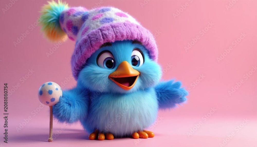 Obraz premium Fluffy blue bird character wears colorful winter hat, holds lollipop. Friendly, smiling plush toy, cute, whimsical, playful, cheerful, fun, happy, adorable, bright, cartoonish, 3D render.