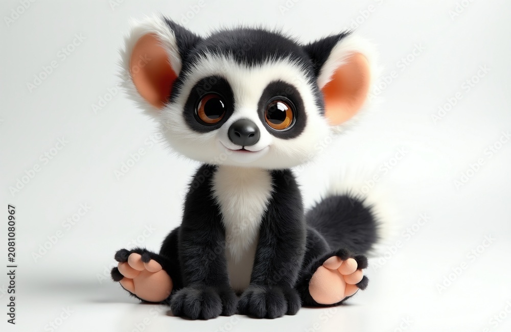 Fototapeta premium Cute cartoon lemur toy sits on white background. Small primate plush with big eyes and furry tail looks happy. Adorable stuffed animal artwork perfect for kids.